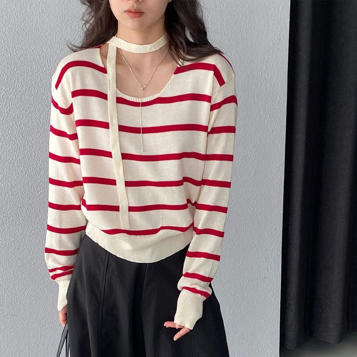 【tops】スカーフ付きボーダー柄ニットトップス Q8284