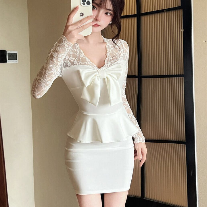 【dress】レース切り替えリボン付きワンピース　M27379