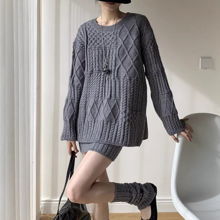 【set】ロングニットトップス×ストレートスカート×レッグウォーマー3点セット Q7720
