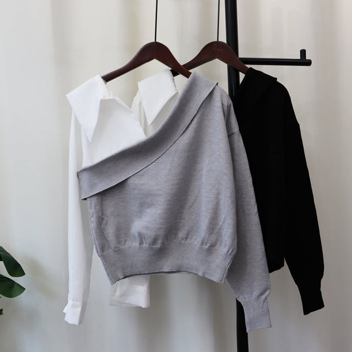 【tops】シャツ切り替えニットセーター　M26292