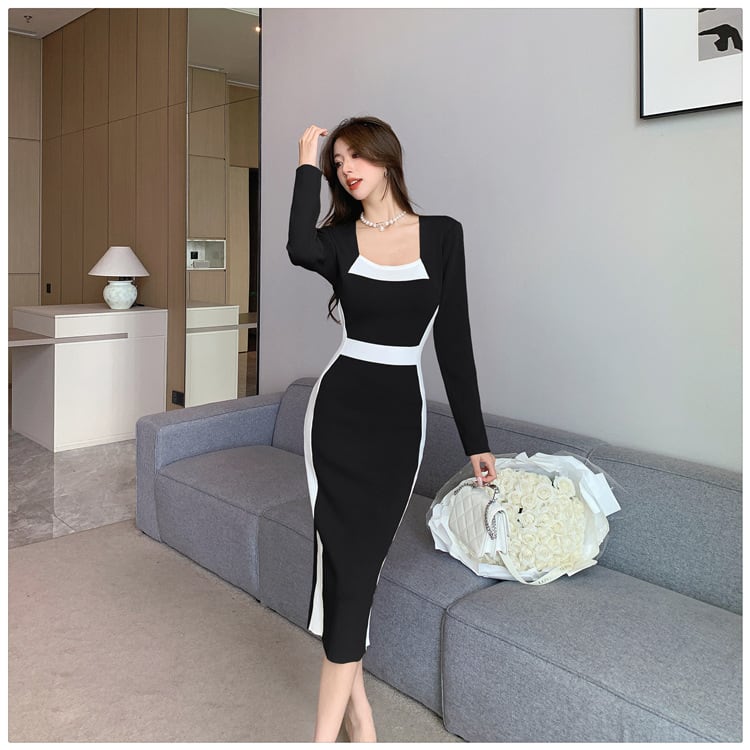 【dress】早い者勝ち切り替えニットワンピース着瘦せ　M17510