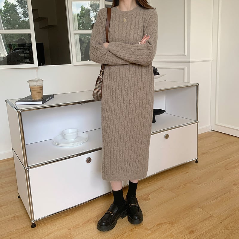 【dress】韓国系無地ニットワンピース着心地良い　M17658