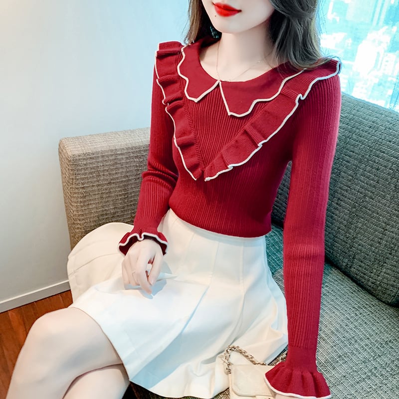 【tops】折り襟フリルニットトップス　M18137