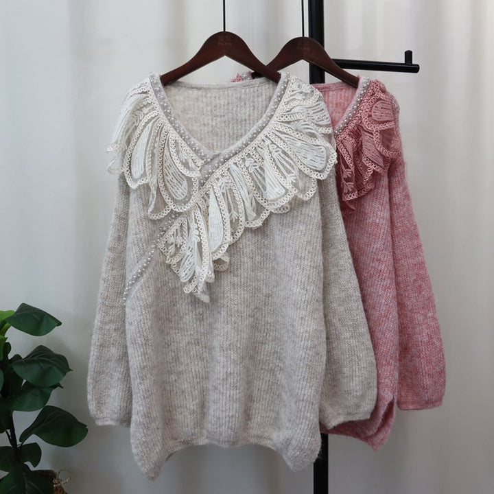 【tops】レース切り替えニットセーター　M26086