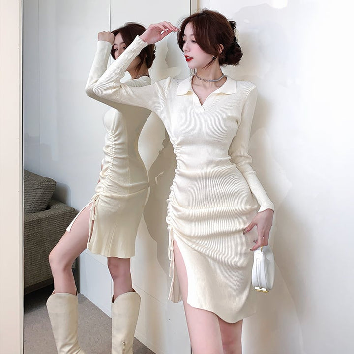 【dress】話題沸騰中 オシャレスリットニットワンピース　M17466