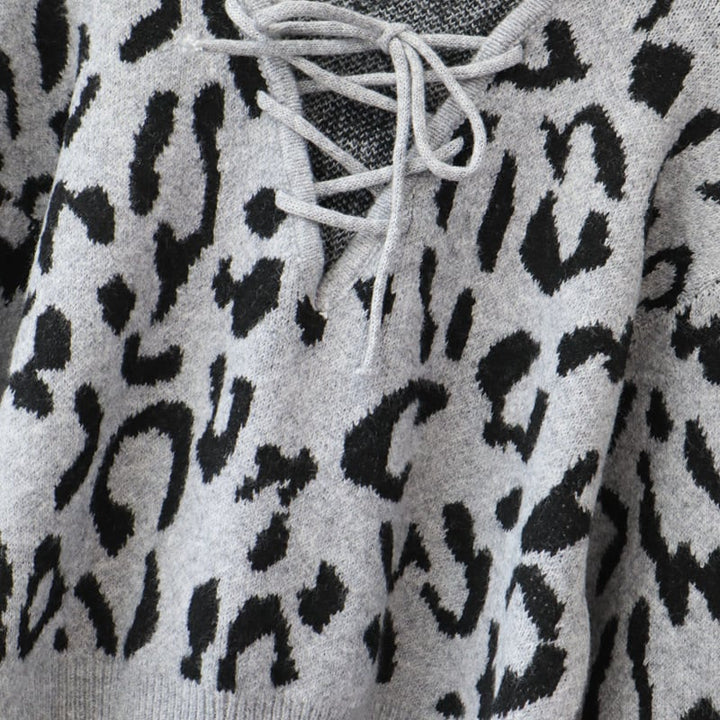 【tops】レースアップヒョウ柄ニットトップス　M26617