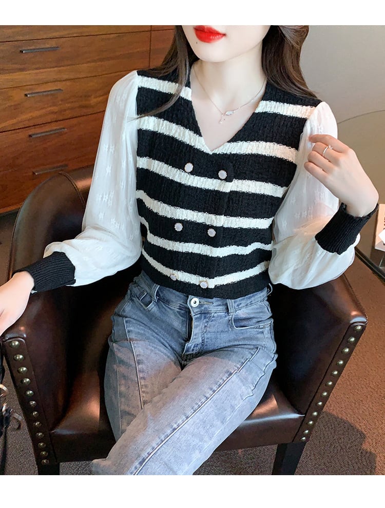【tops】好感度UPエレガントボーダー柄切り替えトップス　M17270