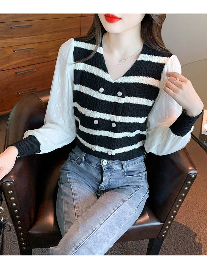 【tops】好感度UPエレガントボーダー柄切り替えトップス　M17270
