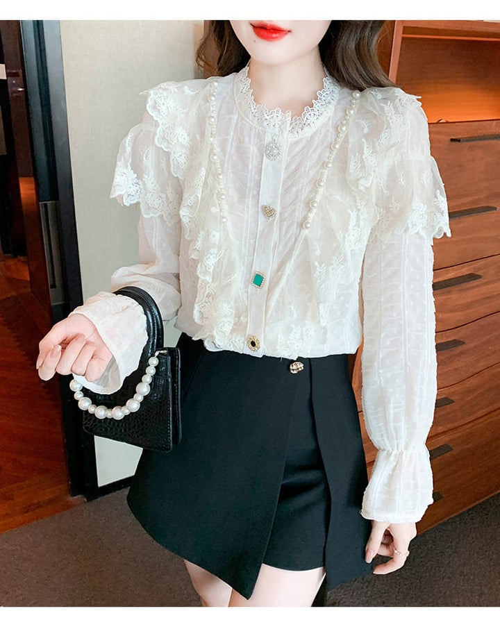 【tops】エレガントレース切り替えシャツトップス　M17378