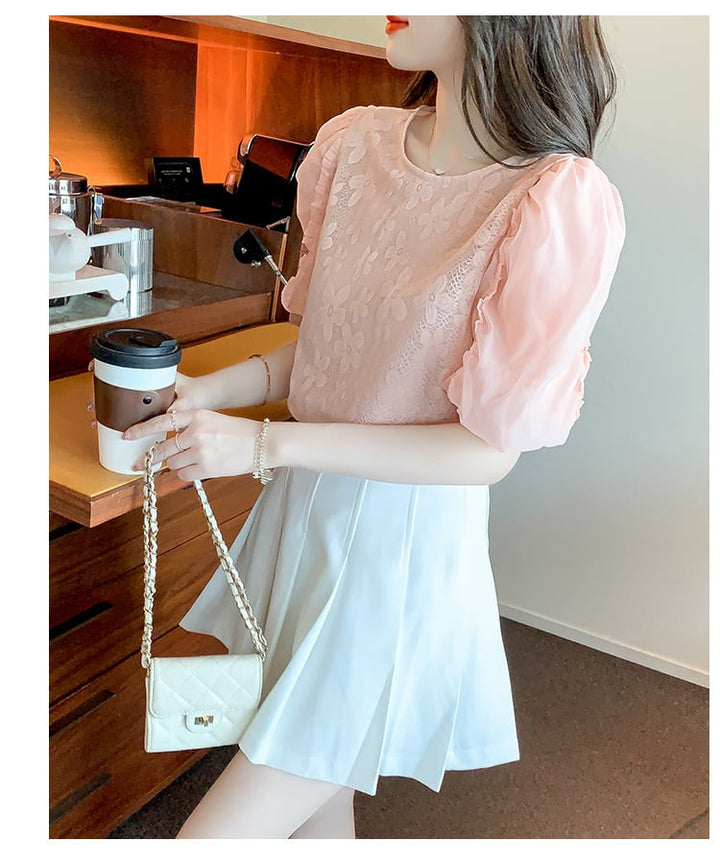 【tops】パフスリーブジャカードカットワークトップス　M17126