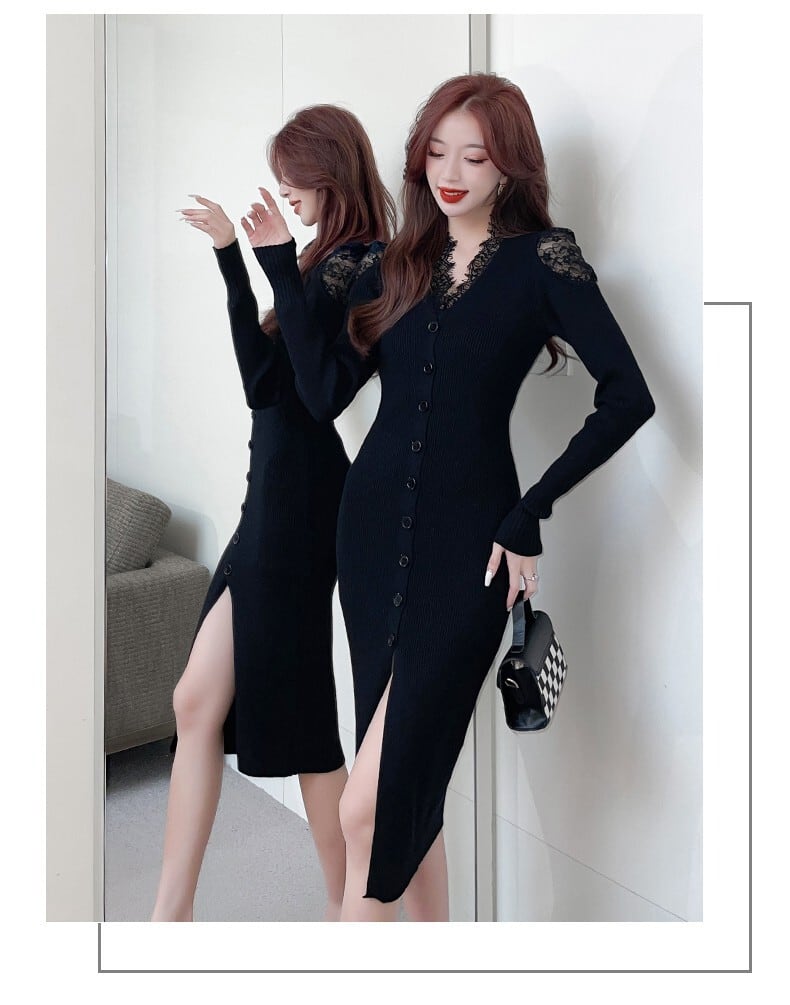 【dress】韓国系レース切り替えニットワンピース　M17631