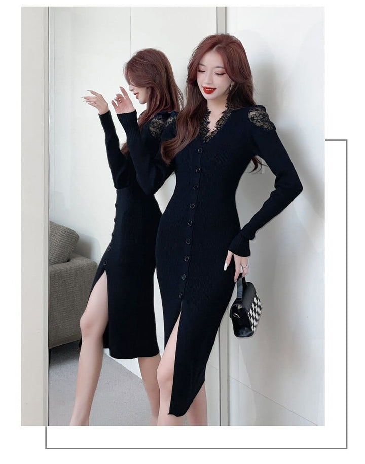 【dress】韓国系レース切り替えニットワンピース　M17631