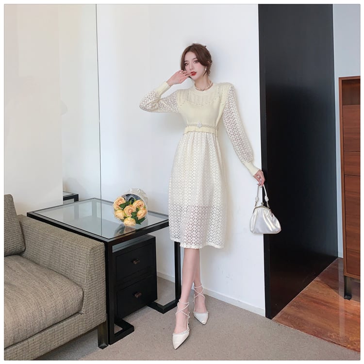 【dress】レースドッキングニットワンピース　M18431