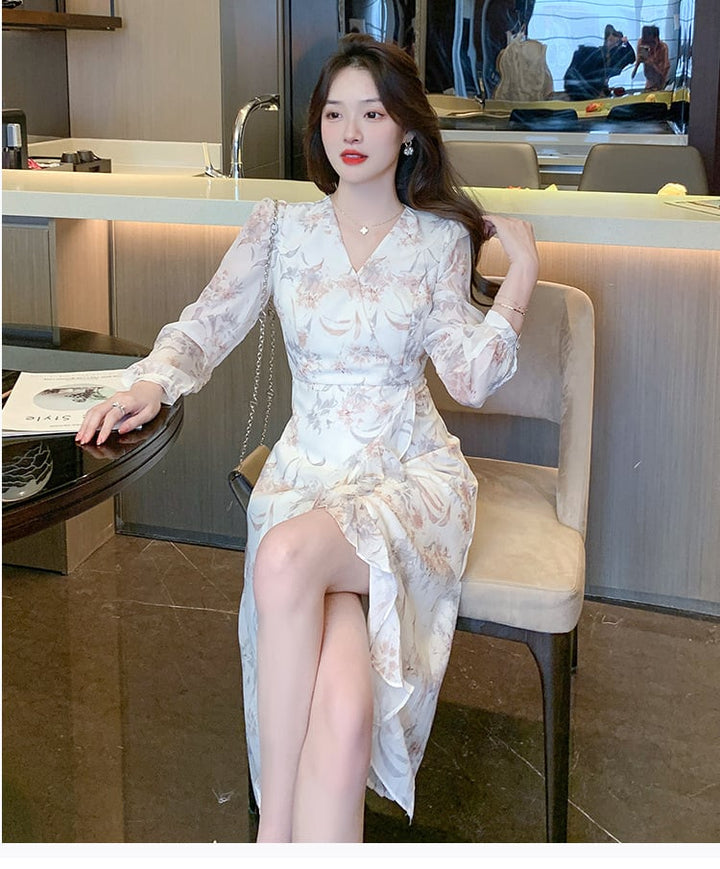 【dress】早い者勝ちVネックスリット花柄ワンピース　M17304