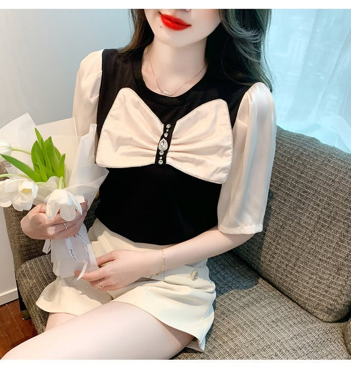 【tops】知的で品の良い♡エレガントリボン付きTシャツ　M16838