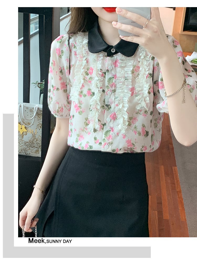 【tops】美人度アップスウィート折り襟花柄シャツトップス　M16883