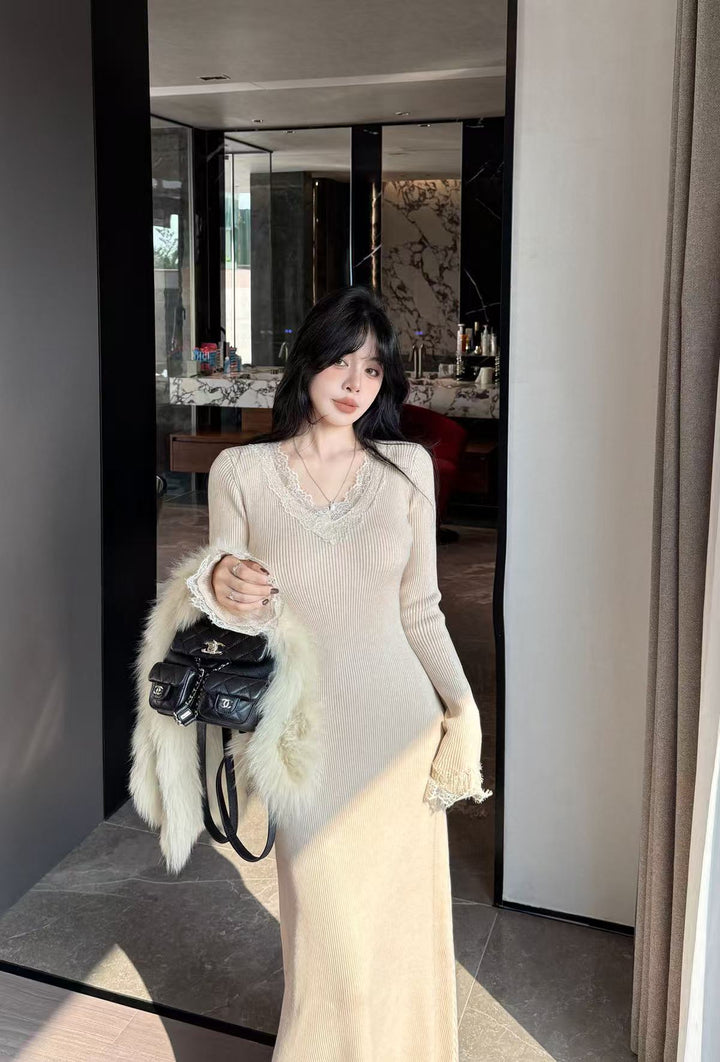 【dress】レースドッキングニットワンピース  K0677