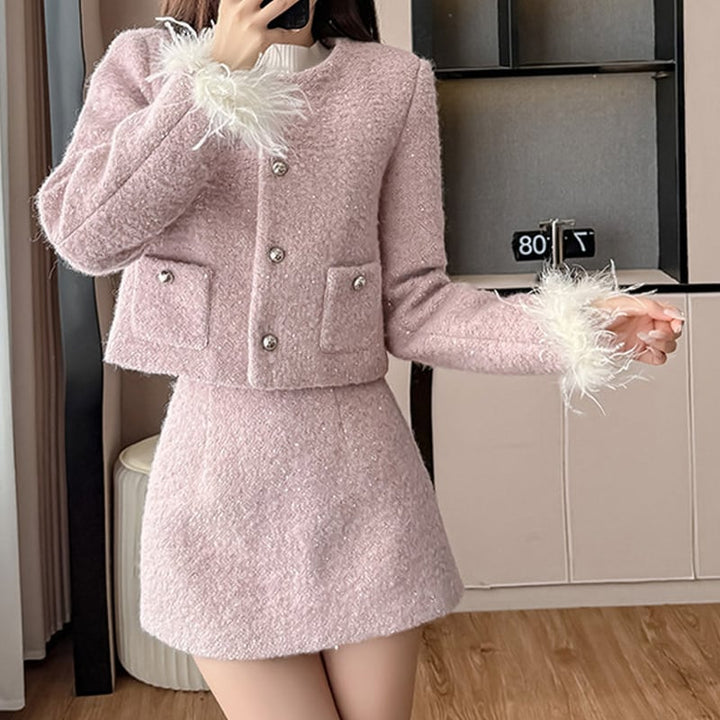 【set】袖ファーコート×ミニスカートセット Q7684