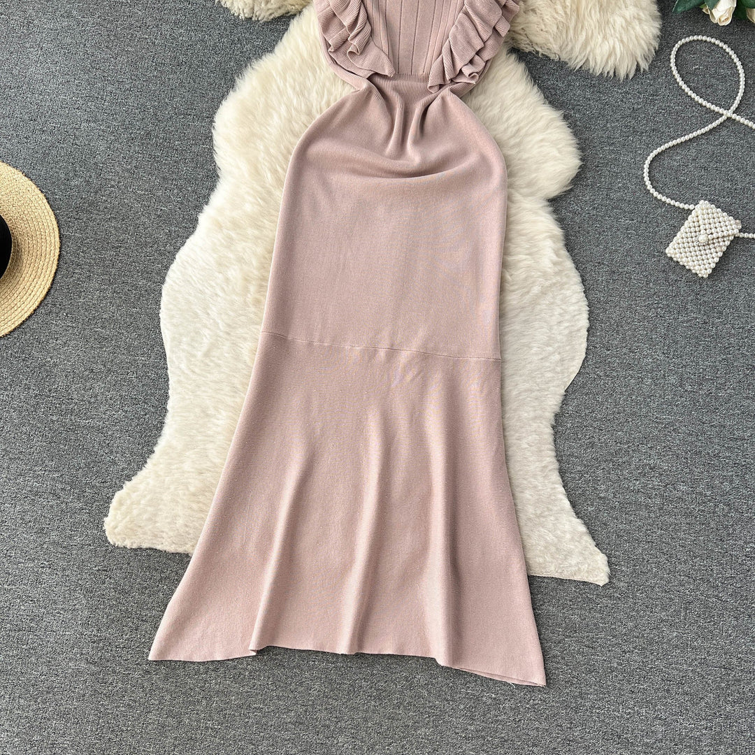 【dress】おしゃれ！フリル薄手ニットワンピース着瘦せ　M16865