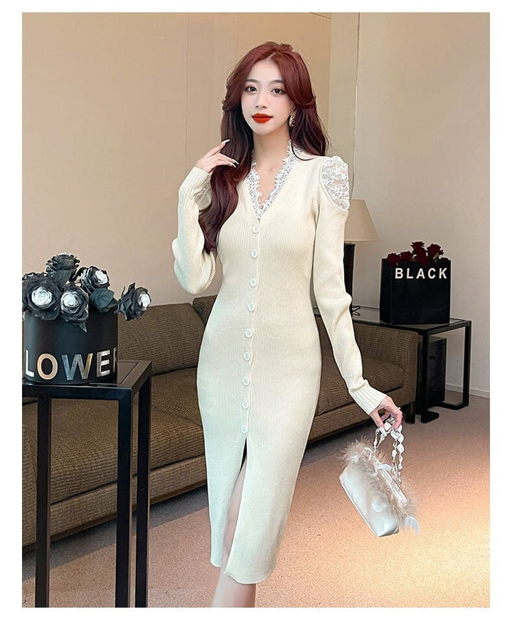 【dress】韓国系レース切り替えニットワンピース　M17631