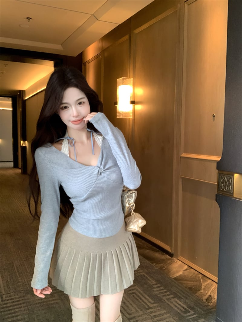 【tops】レース切り替えニットトップス　M29546