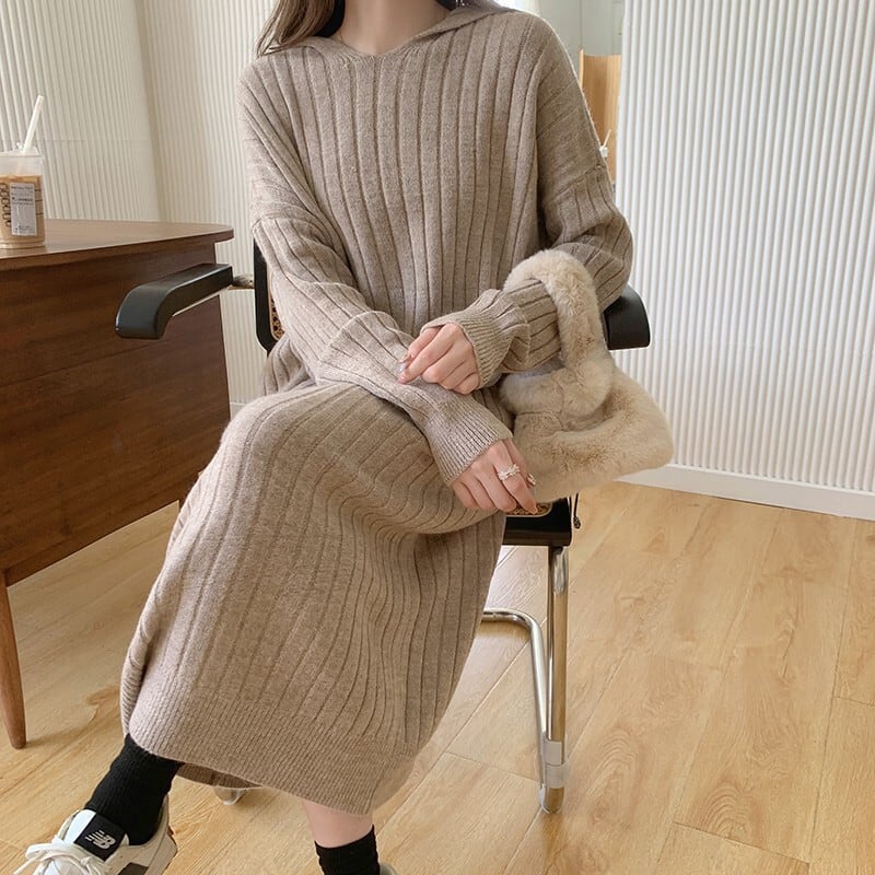 【dress】韓国系シンプルフード付きニットワンピース　M17494