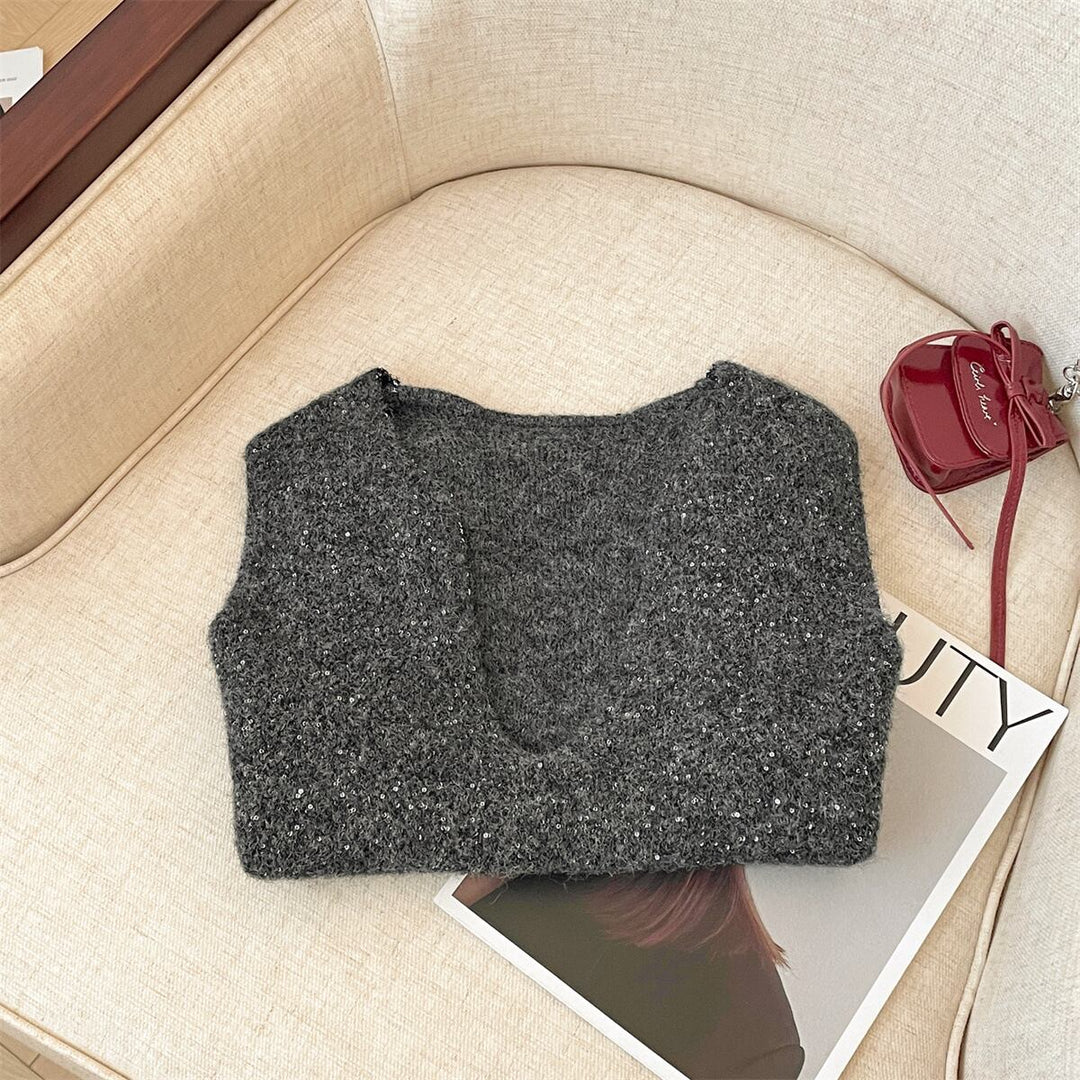 【tops】スパンコールニットベスト　M29228