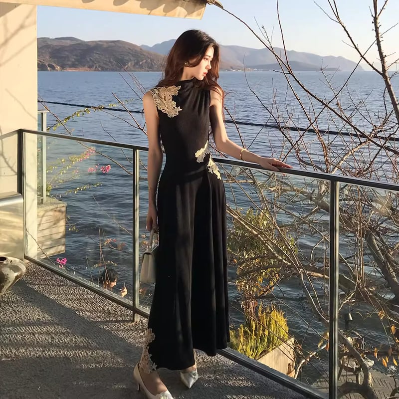 dress】レースドッキングノースリーブニットワンピース Q8403 – NANASTYLE