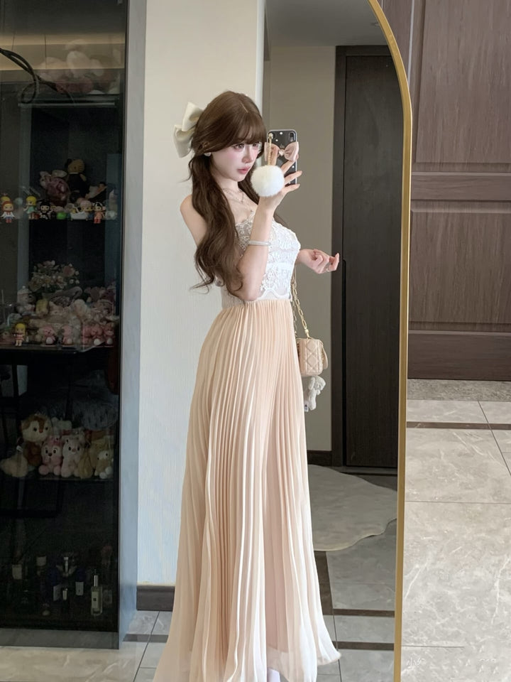 【dress】レースドッキングプリーツロングワンピース N3526