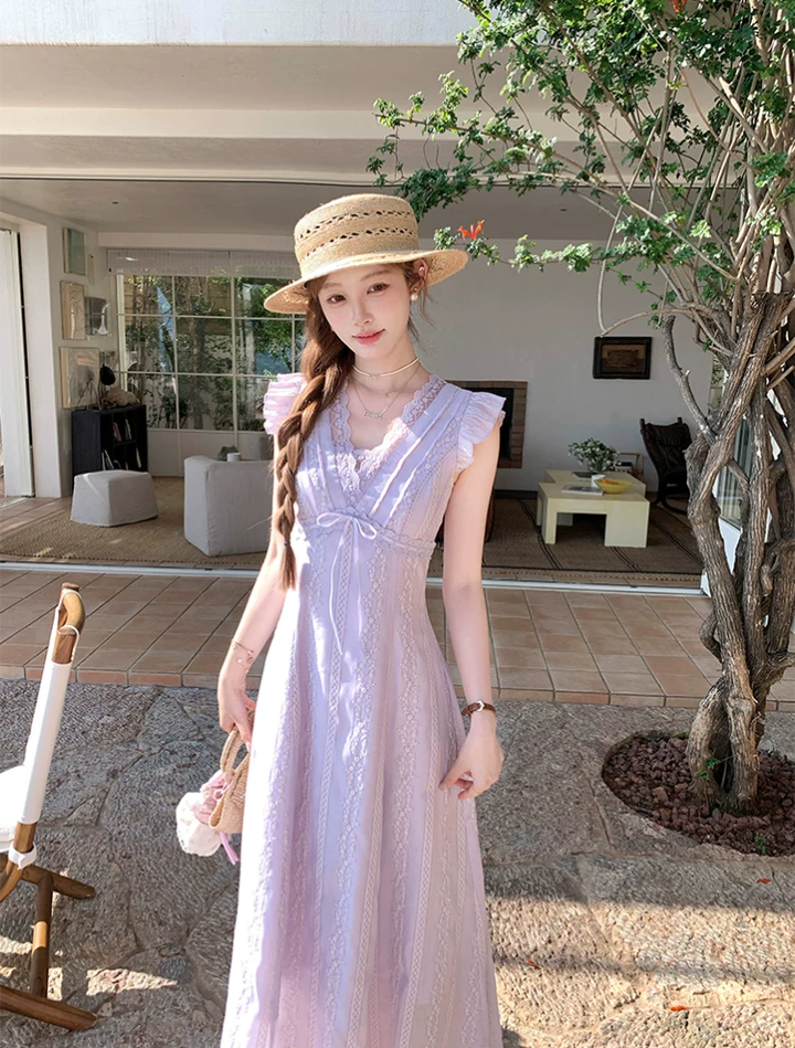 【dress】レースドッキングフラッタースリーブロングワンピース Q8531