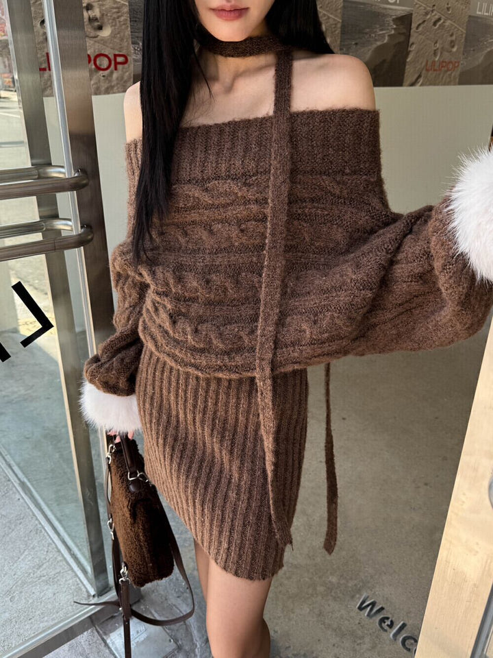 【dress】チョーカー付袖ファーオフショルダーニットワンピース　N2892
