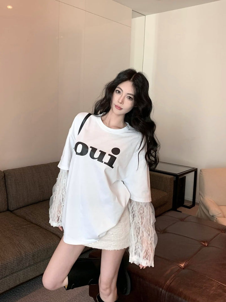 【tops】レース切り替えTシャツ　M28795