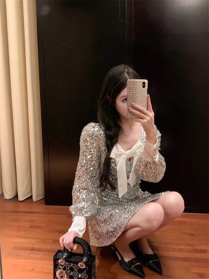 【dress】スパンコールリボン付きワンピース　M28003