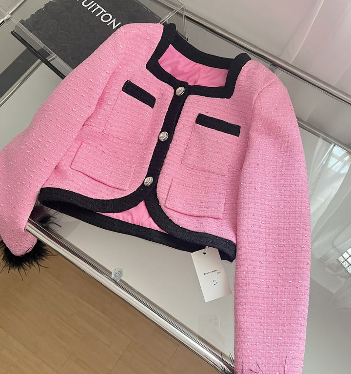 【outer】ファーツイードショートジャケット　M18164