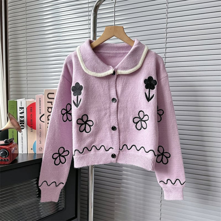【outer】POLOネック刺繍ニットカーデ　M18027
