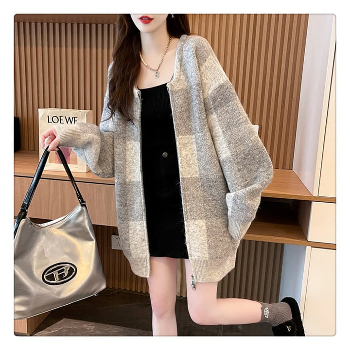 【outer】チェック柄ニットカーデ　M19341