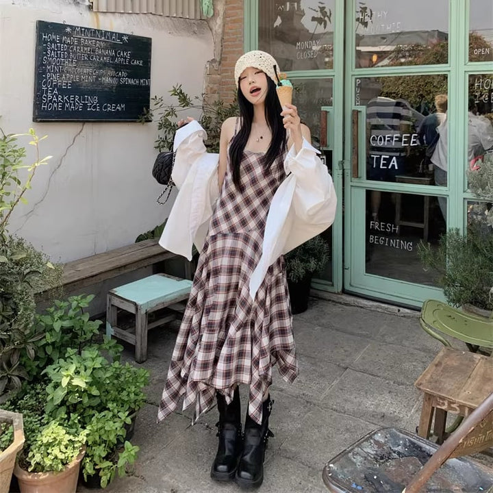 【dress】チェック柄イレヘムキャミワンピース Q8271