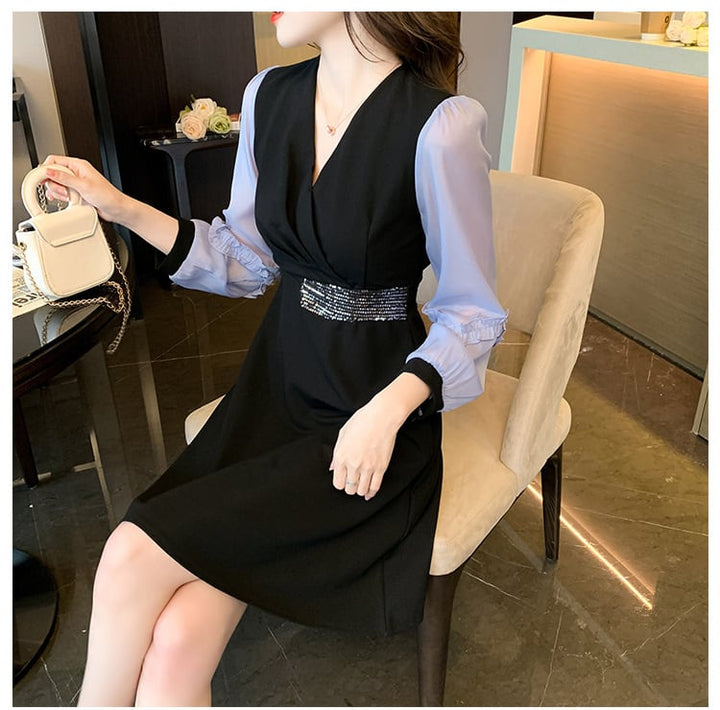 【dress】目立つ！パフスリーブエレガントデートワンピース　M17482