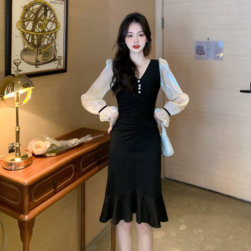 【dress】高級感 エレガントオシャレ切り替えワンピース　M17480