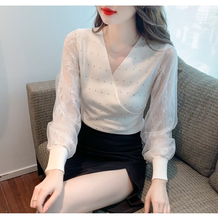 【tops】大人らしい Vネックエレガント切り替えトップス　M17248