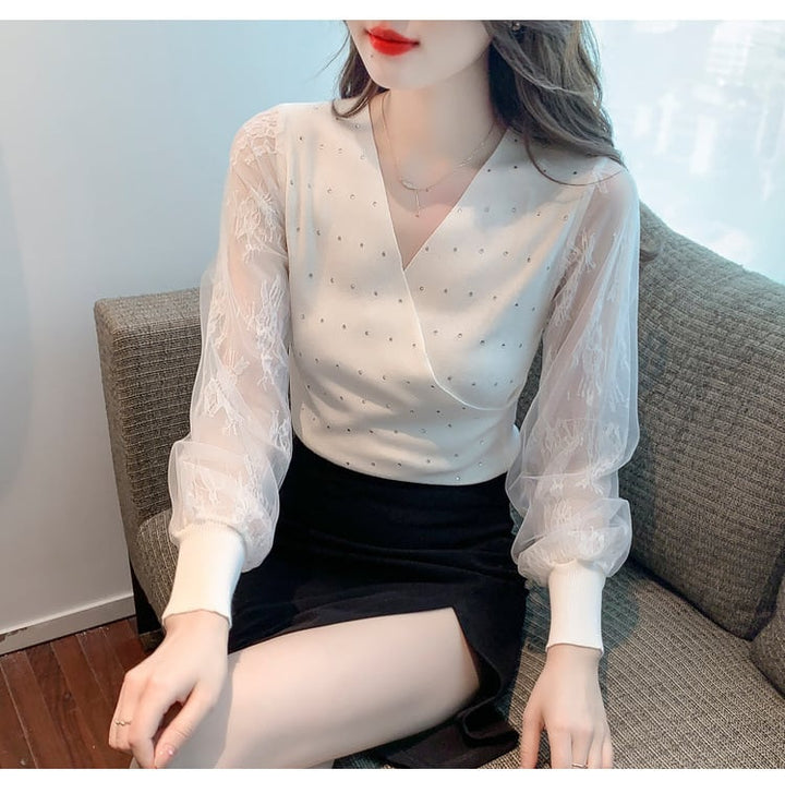 【tops】大人らしい Vネックエレガント切り替えトップス　M17248
