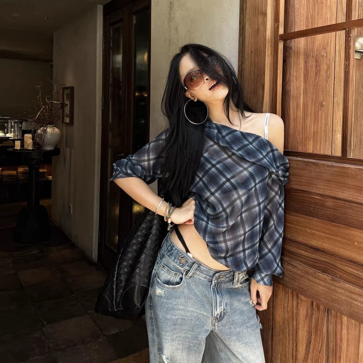 【tops】チェック柄シフォントップス Q8210