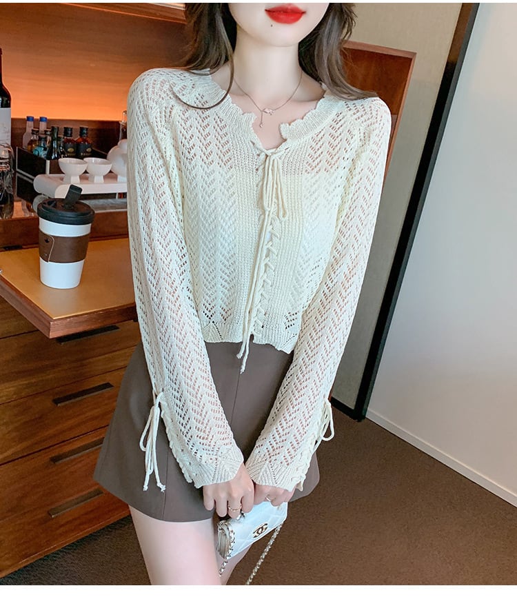 【tops】優しい雰囲気カットワークニットトップスゆったり　M17087