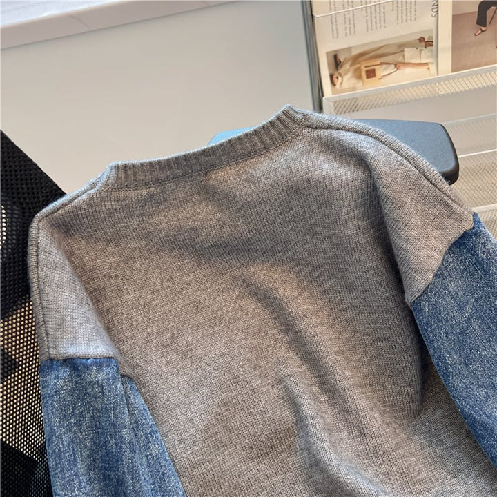 【tops】刺繍デニム切り替えニットセーター　M17706