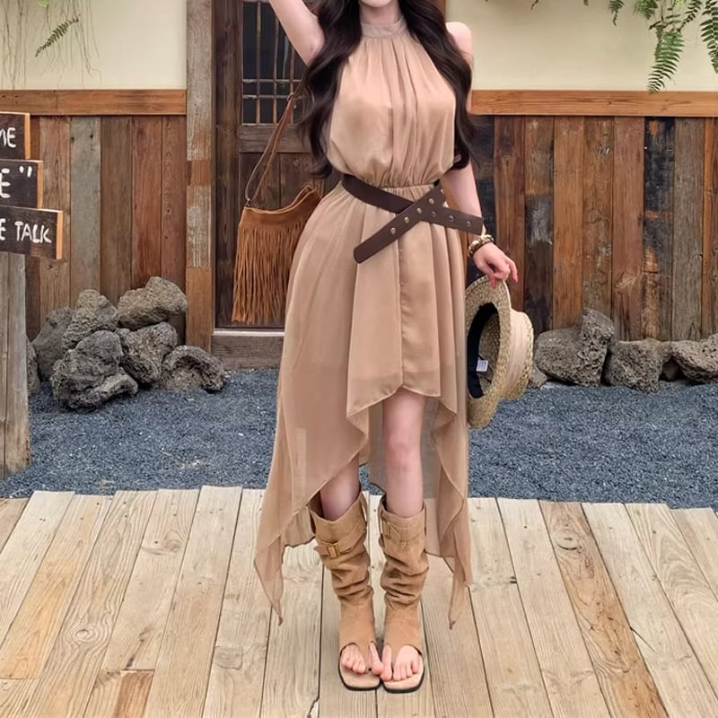 【dress】ベルト付きノースリーブシフォンイレヘムワンピース Q8263