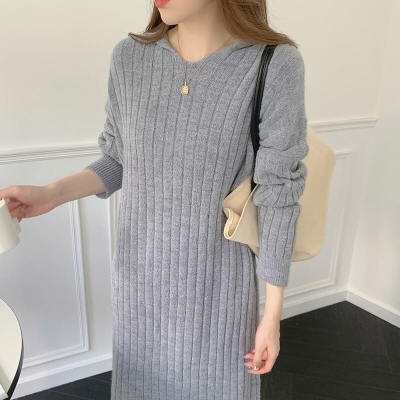 【dress】韓国系シンプルフード付きニットワンピース　M17494