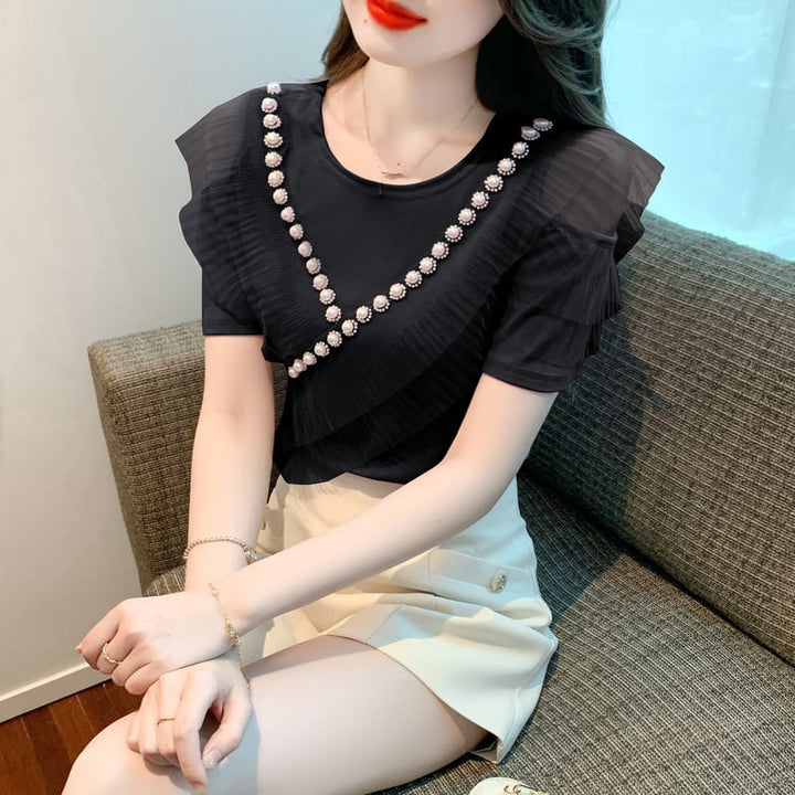 【tops】好感度UP 切り替えオフショルダーTシャツトップス　M16841