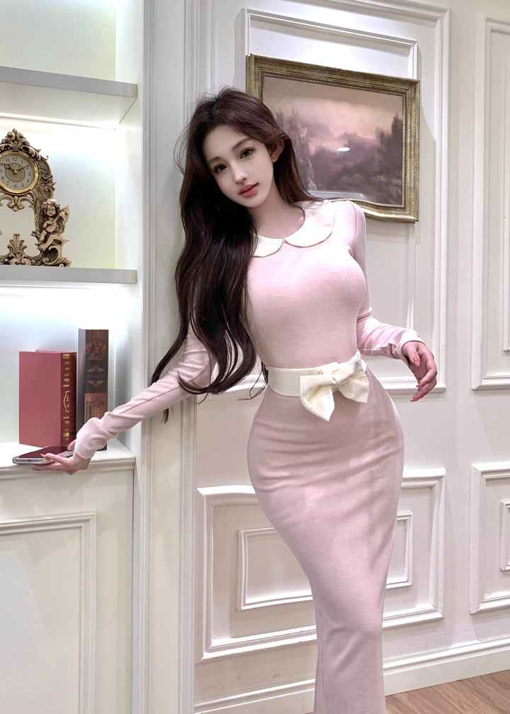 【dress】ベルト付きピーターパンカラーロングワンピース Q7733
