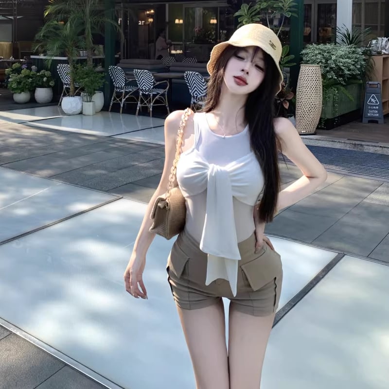 【tops】オープンショルダーフェイクレイヤードトップス Q8296