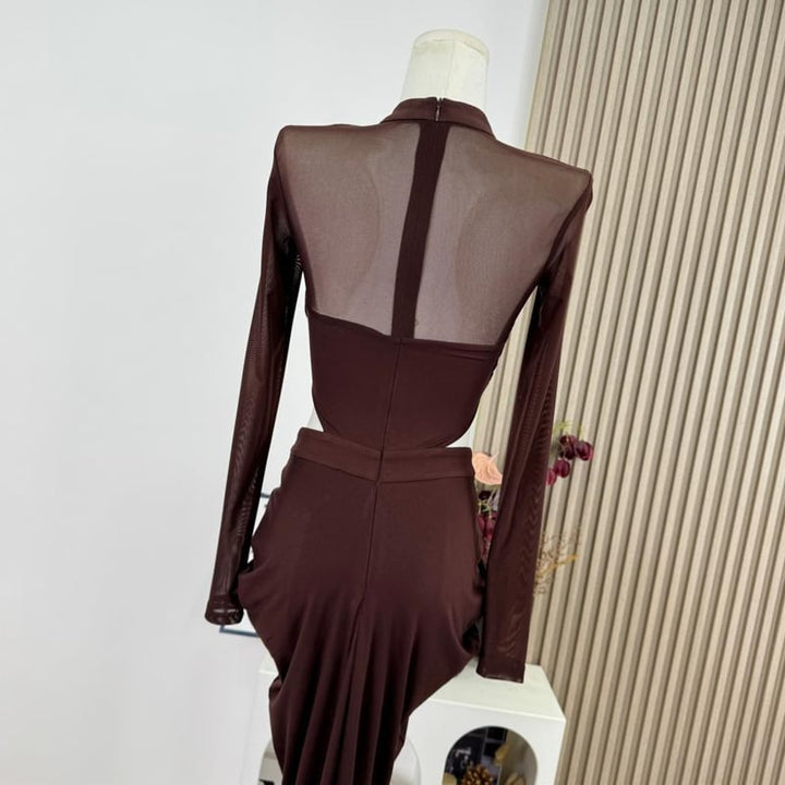 【dress】クロスネックチュールドッキングロングワンピース Q7951